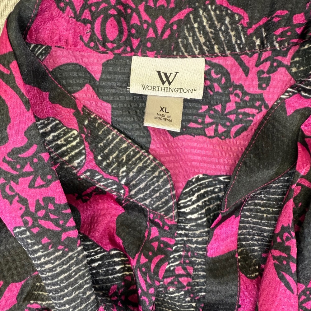 Worthington‎ Womens Pink Black Floral Tie Neck Blouse Short Sleeve XL Office Top - Picture 2 of 7